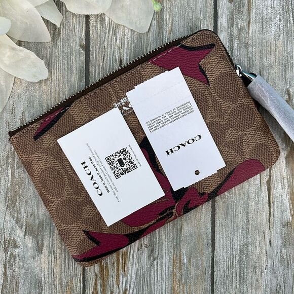 Coach Corner Zip Wristlet In Signature Canvas With Bow Print Bag Wallet Purse - Picture 6 of 7